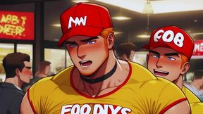 hot gay sex with waiters in public during dinner. hard cock in the ass and cum on the customers  food.