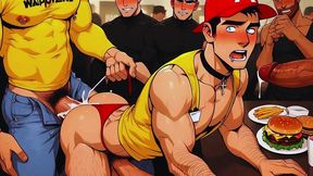 hot gay sex with waiters in public during dinner. hard cock in the ass and cum on the customers  food.