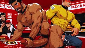 hot gay sex with waiters in public during dinner. hard cock in the ass and cum on the customers  food.