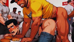 hot gay sex with waiters in public during dinner. hard cock in the ass and cum on the customers  food.