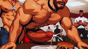 hot gay sex with waiters in public during dinner. hard cock in the ass and cum on the customers  food.