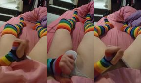 Weak Femboy Sissy Gushes Cum in Rainbow Socks Choked Dry