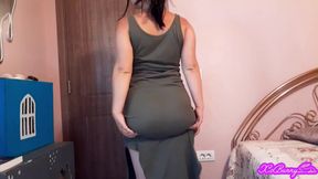 PAWG busty teen brunette latina farting and shaking it in long tight green dress