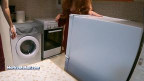 Stepmom in Kitchen Said No Sex! - Allows Stepson Only Jerking off & Cumshot on Her Fat Ass