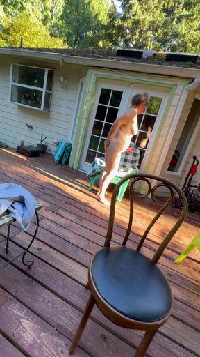 Freckled Dirty Wife gets bent over the deck and fucked from behind butt plug