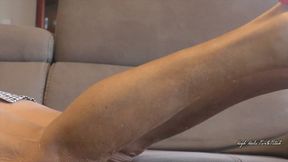 Mature Lady Calf Muscle Play on Sofa with Red High Heel Slingbacks
