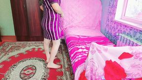 Stunning Shemale Sipping Lemonade with Bright Painted Nails