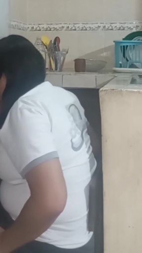 Maid fucking and sucking when she washes dirty dishes   Clip 2