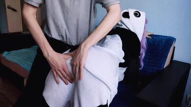 Cute girl with purple hair is delighted with my penis