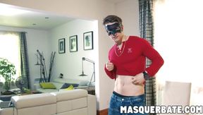 Masked ripped jock is playing with his cock until it gets stiff