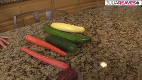 Brenda masturbates in the kitchen with huge toys and groceries, including her ass
