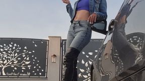 Nicotine Craving Denim Babe – Smoking Seduction By The Car