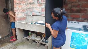 Unfaithful woman watches her neighbor bathing and gets in the shower to please him
