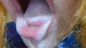 Cute Trans Girl Drinks Huge load of Cum from BBC Dildo on Halloween (Shemale Gokkun)