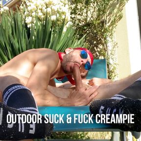 Bareback - Suck and fuck creampie outdoor