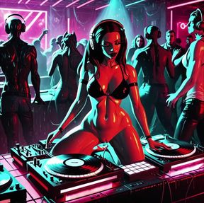 Sexy Demoness DJ Dystopian Cyberpunk Club Synthwave House Techno AI