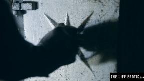 ”Mesmerizing brunette Victoria Daniels uses an umbrella to fuck herself”