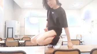 Femboy twink strips and jerks off in risky classroom