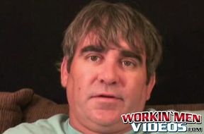 Older stud jerks himself off to orgasm after an interview