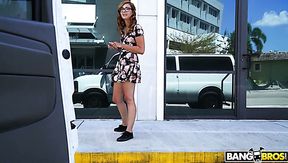 Nerdy giggling Kadence Marie gets nailed hard enough in the van