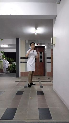 Wearing singhealth nurse dress, nurse pantyhose and nurse shoes.