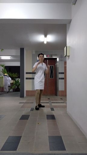 Wearing singhealth nurse dress, nurse pantyhose and nurse shoes.