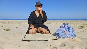 Me on the naturist beach in a hat, with a cigarette, naked, and also in a black robe. Part 4