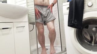 Utter bladder fight until I desperate urinate my underpants. Got lots of urinate all over myself