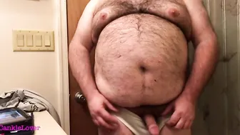 Hairy bear amateur strokes belly, breasts and small cock in white nylon panties
