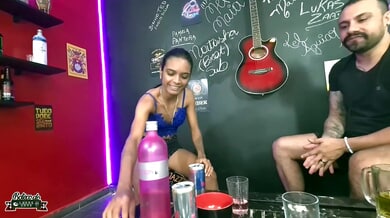 Skinny brunette with natural tits seduces tattooed man in a neon-lit casting session