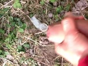 Cumshot on found condom outdoor