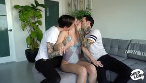 Sexy busty wild slut Alina Lopez works on two fat cocks of tattooed buddies