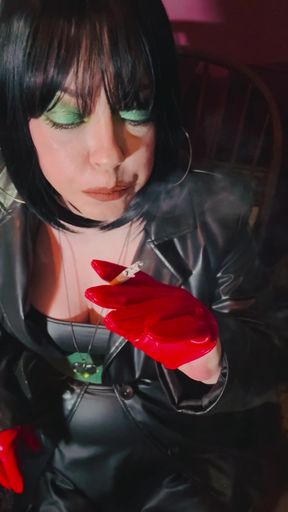 Miss Tina Snua In Leather coat &amp; Gloves Sparks Up A cigarette Then Smokes For You Leather Lovers!   Clip 1