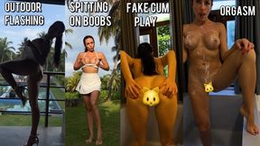 Outdoor flashing, modeling, spitting on boobs, fake cum play, vibrator, orgasms