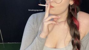 Open mouth inhales, snap inhales & a filterless slim cigarette, Wearing glasses and a full grey outfit