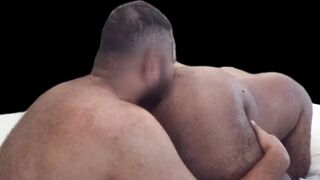 Licking fur covered dad's thick butt
