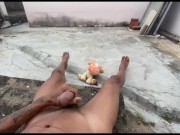 Cumming in the backyard with my teddy bear watching
