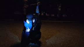 Milf whore gives a blowjob on a leash in a public place