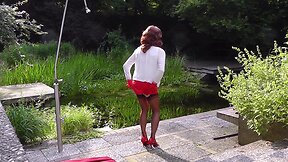 Fashion show tight skirts and outdoor cumshot with organza