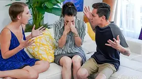 Stepmom teaches curious girl how to eat pussy but stepbrother wants attention too so everyone fucks