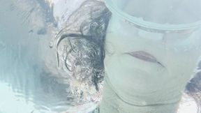 Carissa underwater in a microbikini and wrapped loosely in barbed wire