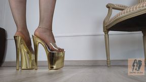 (677) Shoe Collection: Golden and Clear Extreme Heel and Platform Mules - Dame Olga (1080p)