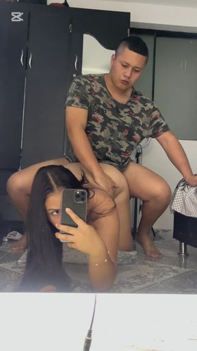 My neighbor saw the video and also wanted to see herself fucking in front of the mirror