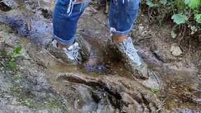 Fila Disruptor 2 on the muddy road, sneakers muddy, wrecked sneakers, sneakers in deep mud, ruined sneakers