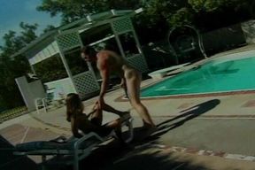 Awesome Brunette Babe Rides Dick by the Pool