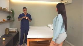 Kinky masseur pounds client's pussy until he cums on her tits