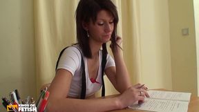 skinny student gets her mouth and pussy drilled deep by a colleague in the classroom