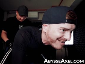 Jock Master Sim punched and fucked with a massive dildo the big butt of sexy Abysse Axel