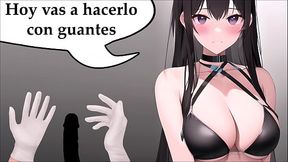 JOI HENTAI, profesora experta en pajas. Usando guantes.