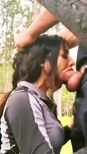 Outdoor public blowjob with a stunning facefuck